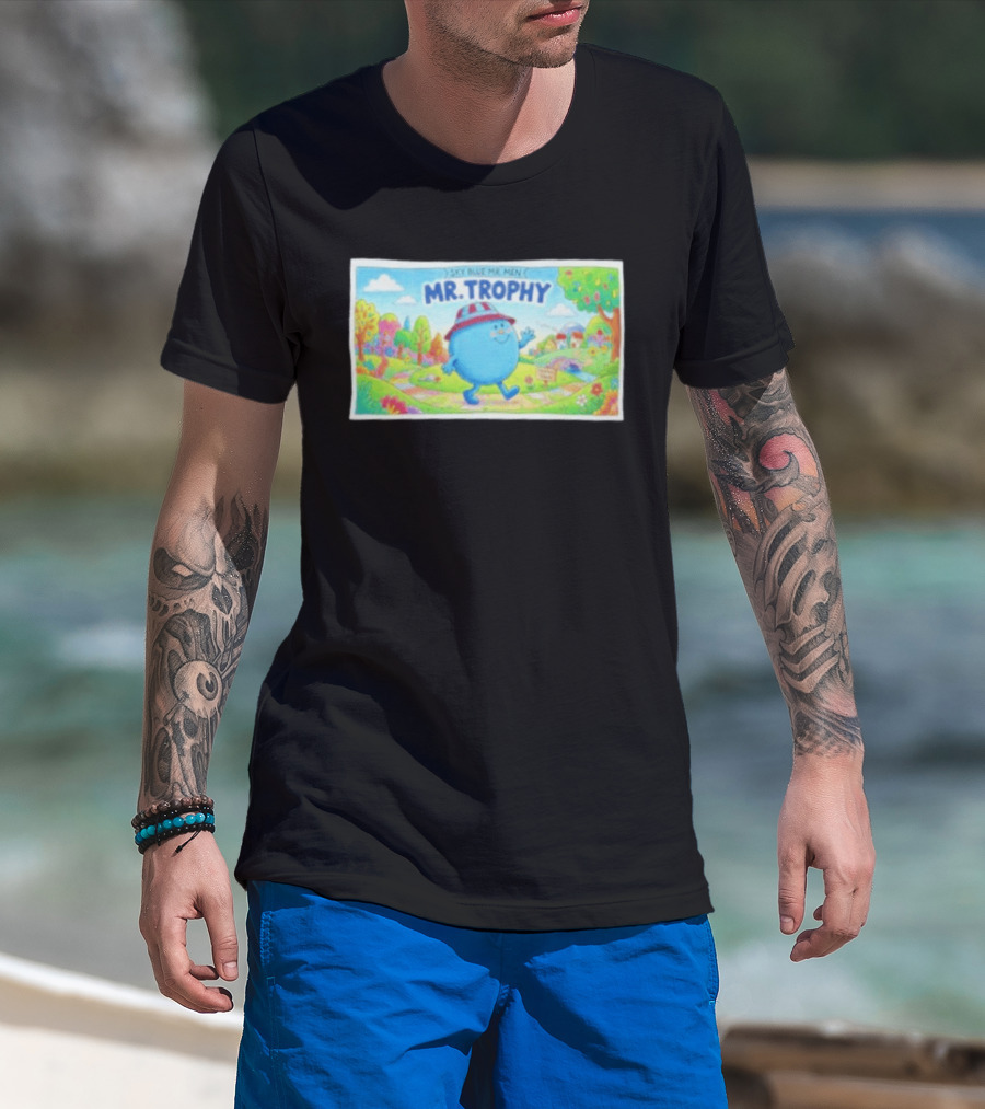 Sky Blue Mr. Men Mr. Trophy Character In Colorful Landscape Scene T-Shirt