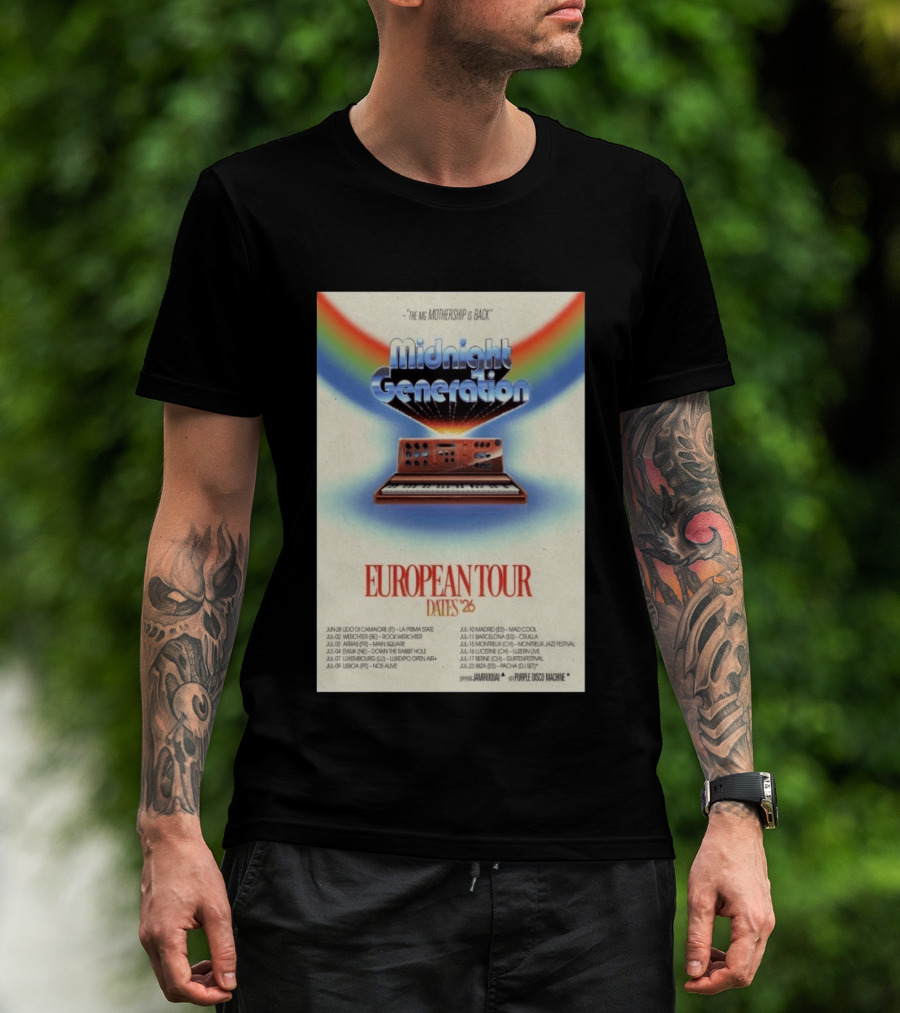 Midnight Generation European Tour Dates '26 Mothership Is Back Jamiroquai Purple Disco Machine T-Shirt