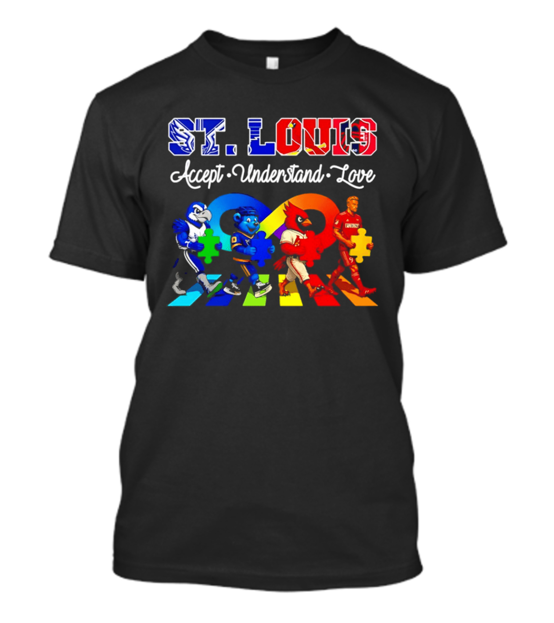 St Louis Accept Understand Love Autism Awareness Mascots Puzzle Pieces T-Shirt