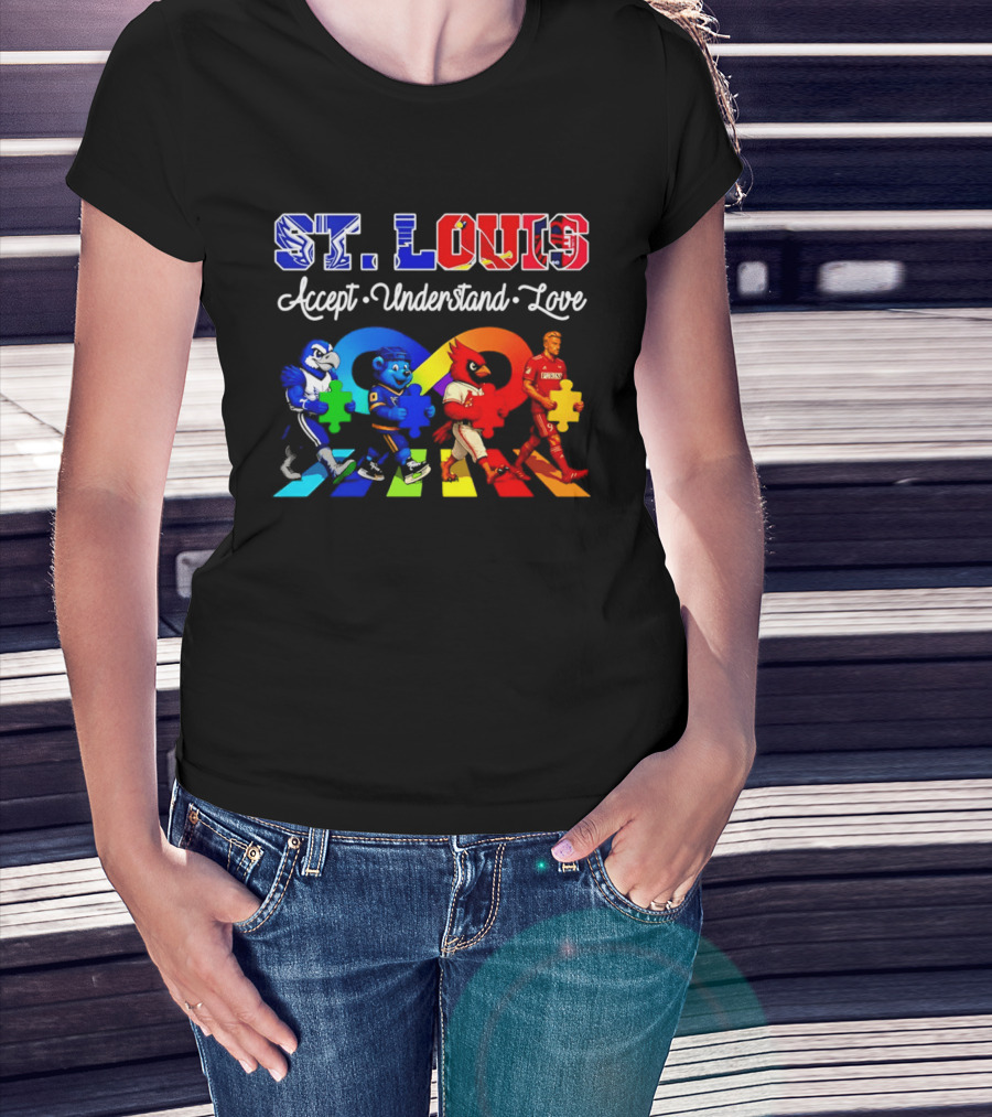 St Louis Accept Understand Love Autism Awareness Mascots Puzzle Pieces T-Shirt