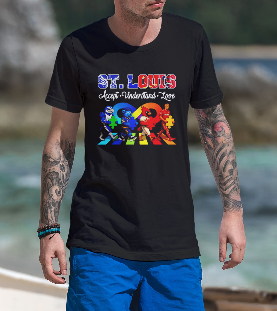 St Louis Accept Understand Love Autism Awareness Mascots Puzzle Pieces T-Shirt