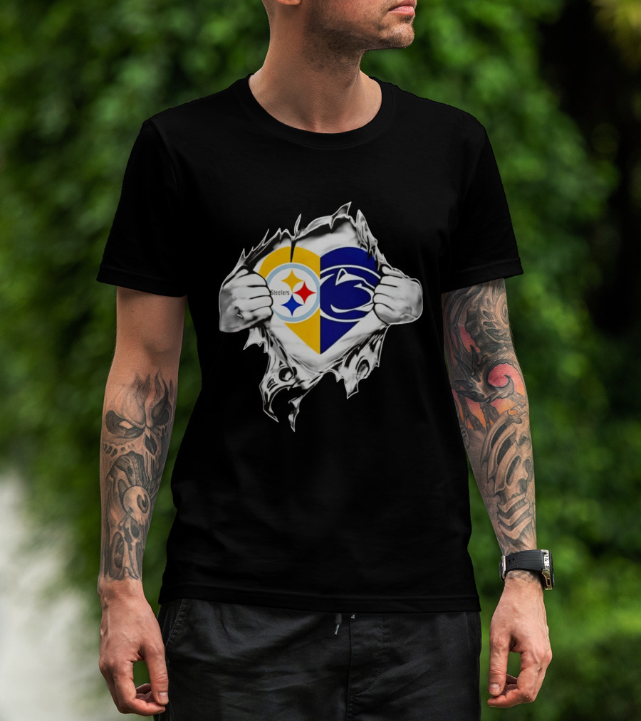 Steelers Penn State Heart Fan Logo Torn Fabric T-Shirt