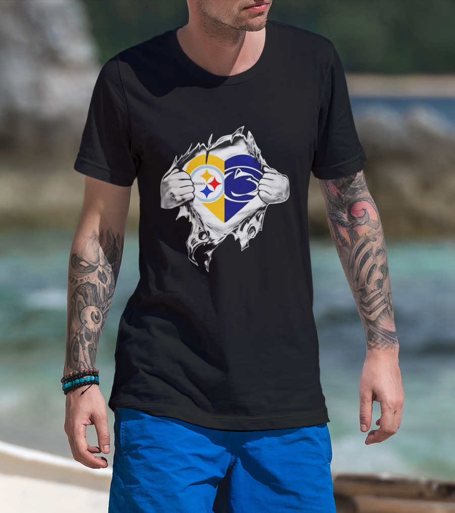 Steelers Penn State Heart Fan Logo Torn Fabric T-Shirt