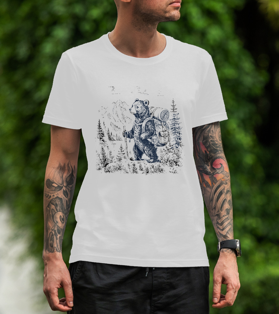 Hiking Bear Trekking Adventure With Backpack And Walking Stick Mountain Forest Scene T-Shirt