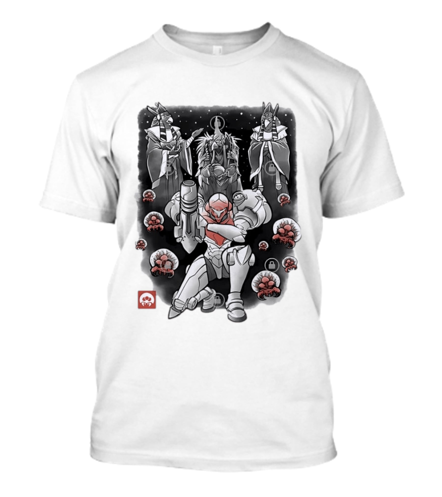 Samus Aran Metroid Sumi E Style Battle Pose With Chozo And Metroids T-Shirt