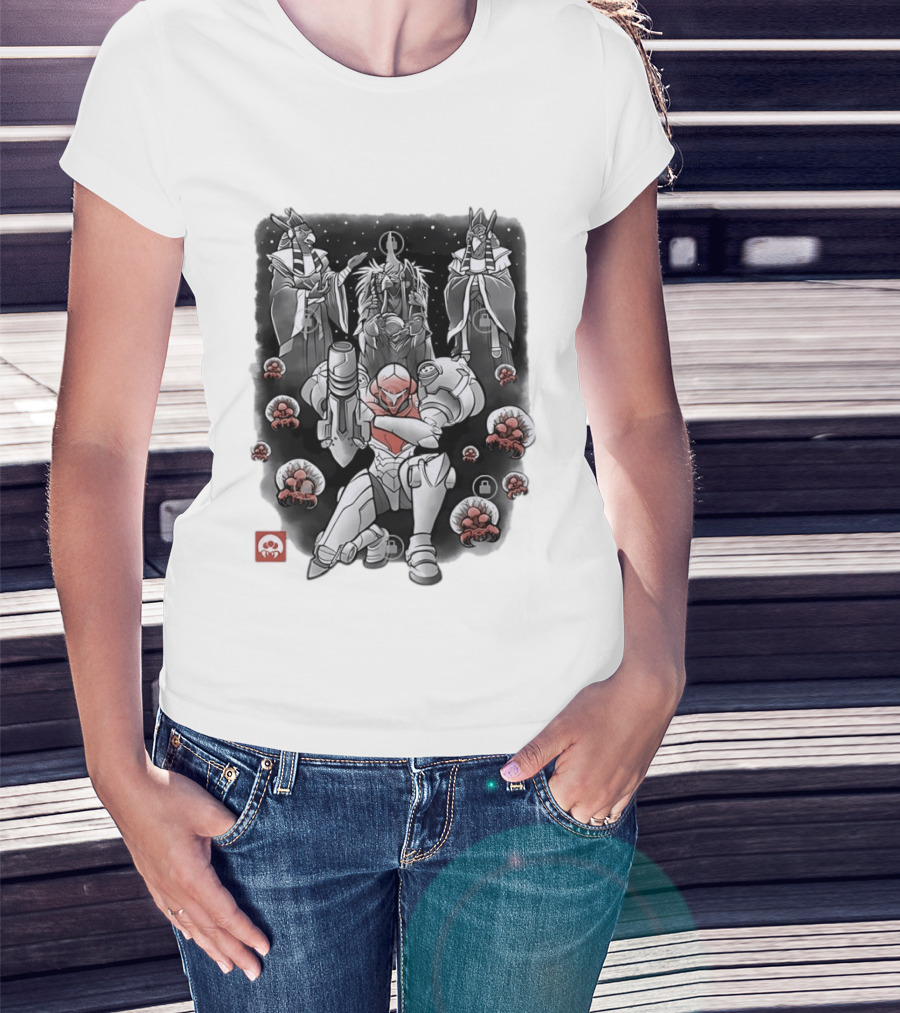 Samus Aran Metroid Sumi E Style Battle Pose With Chozo And Metroids T-Shirt