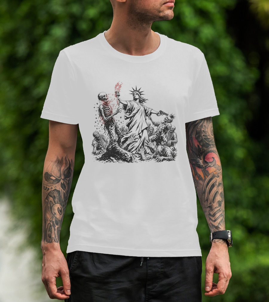 Statue Of Liberty Battling Zombies With Torch And Pistol T-Shirt