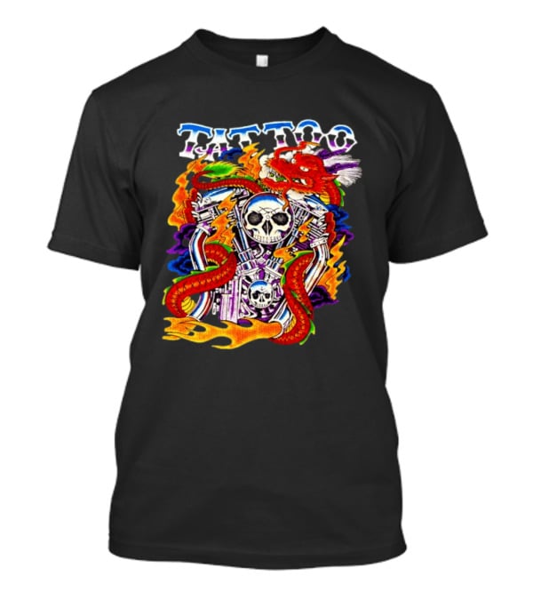 Tattoo Brand Dragon Skull Motorcycle Engine Flames T-Shirt