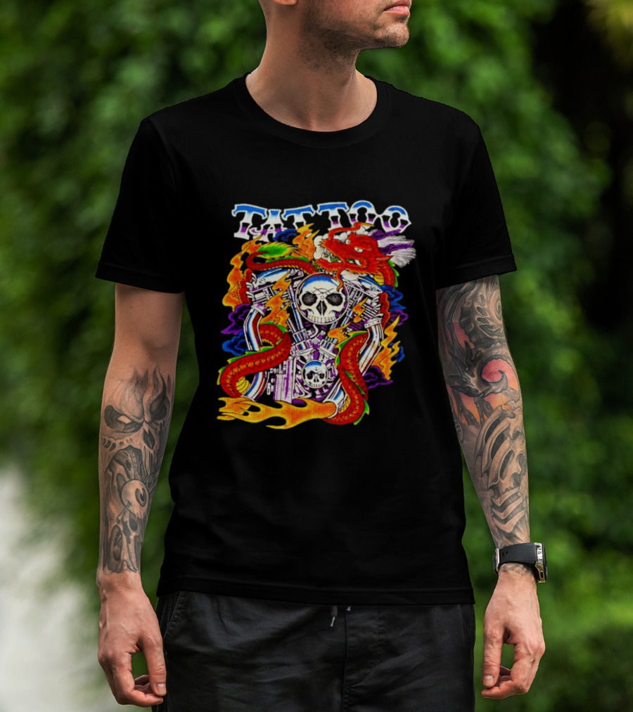 Tattoo Brand Dragon Skull Motorcycle Engine Flames T-Shirt