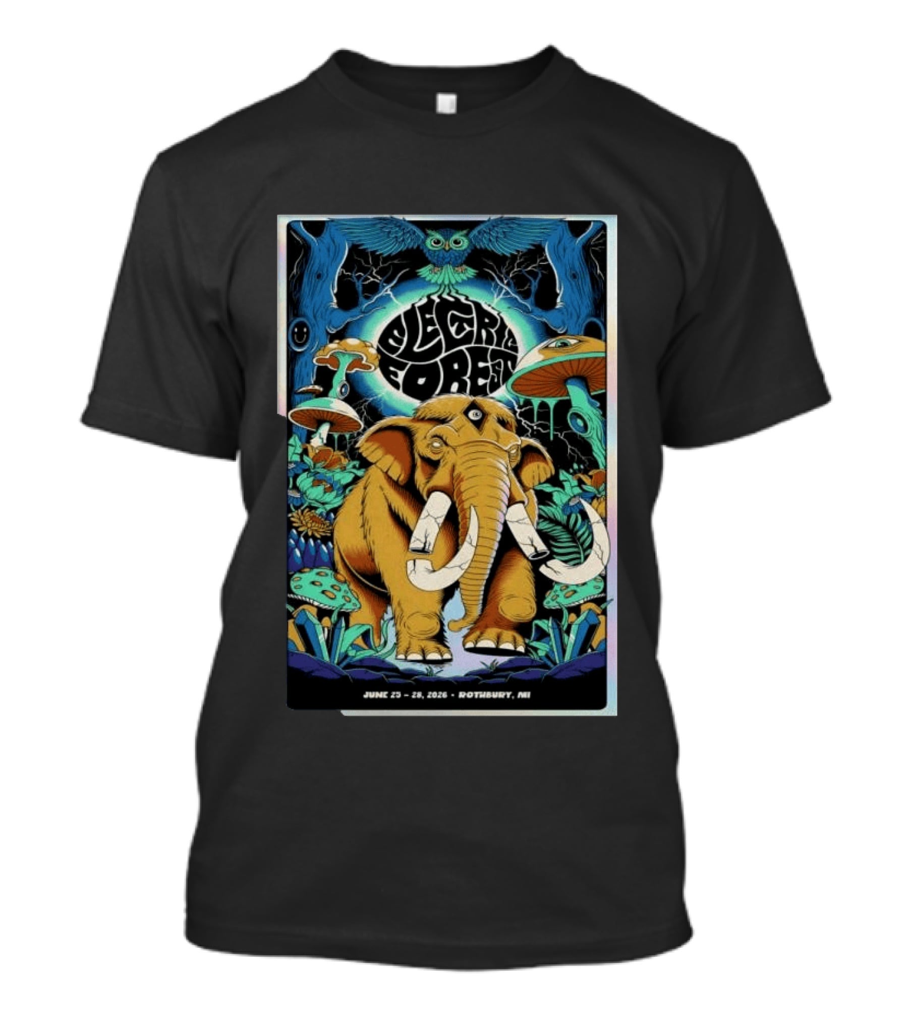 Electric Forest June 25 28 2026 Rothbury MI Elephant Blue Owl Psychedelic Mushrooms T-Shirt