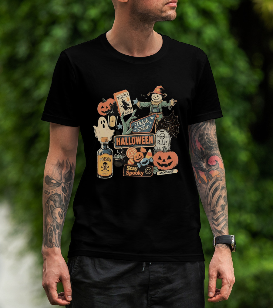 Halloween Trick Or Treat Stay Spooky Witches Brew Poison Nightmare R.I.P Ghost Pumpkins T-Shirt