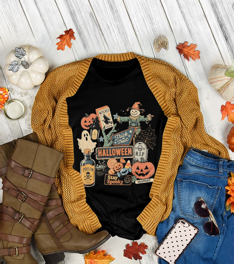 Halloween Trick or Treat Stay Spooky Witches Brew Poison Nightmare R.I.P Ghost Pumpkins T-Shirt