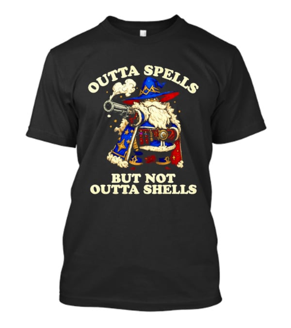 Outta Spells But Not Outta Shells Wizard With Shotgun Retro Magic Humor T-Shirt