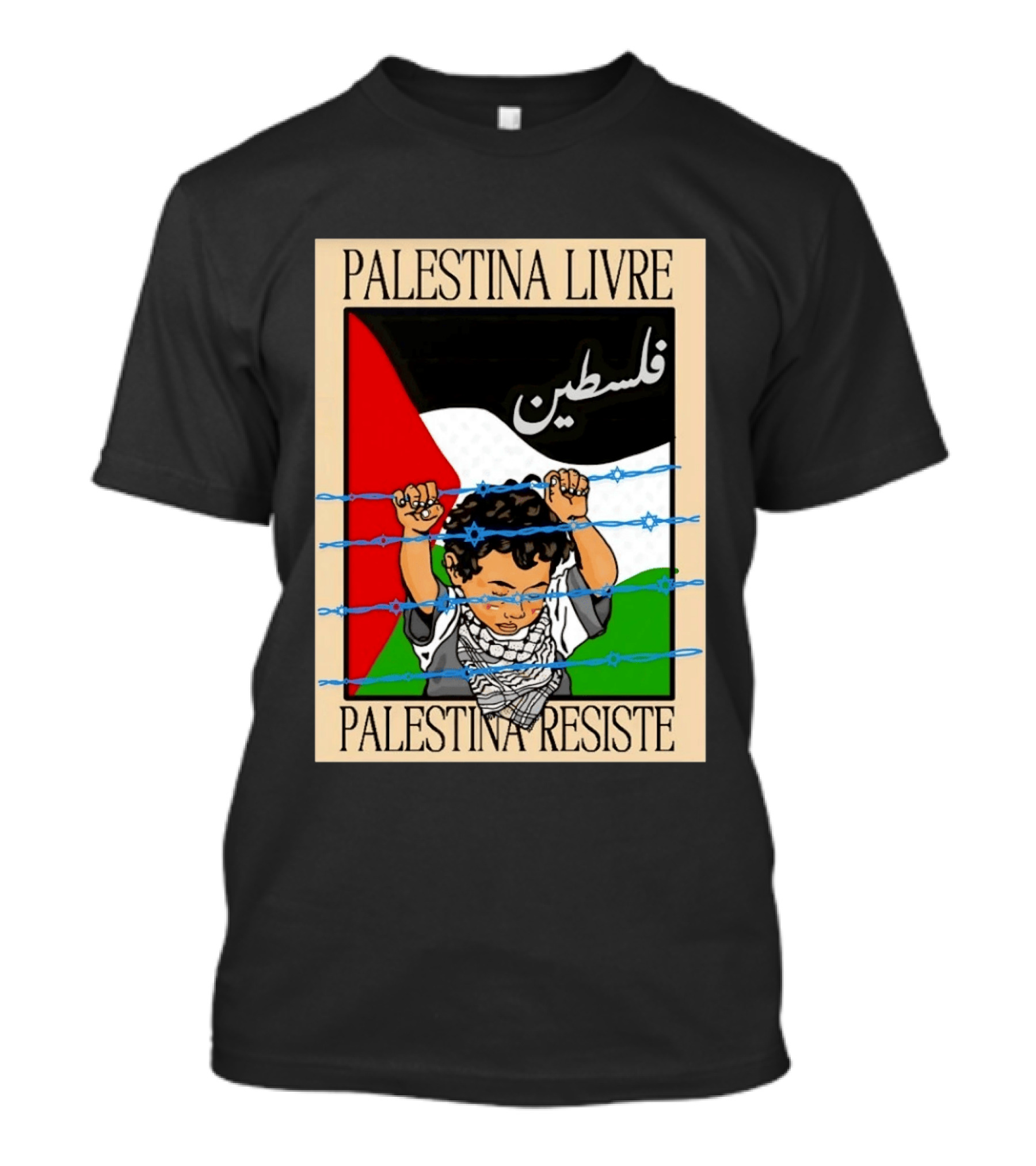 Palestina Livre Resistência Criança Frente Bandeira Arame Farpado T-Shirt