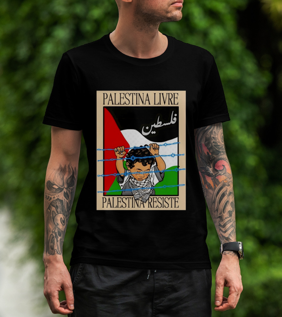 Palestina Livre Resistência Criança Frente Bandeira Arame Farpado T-Shirt
