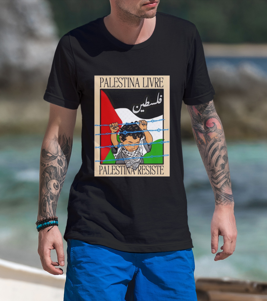 Palestina Livre Resistência Criança Frente Bandeira Arame Farpado T-Shirt