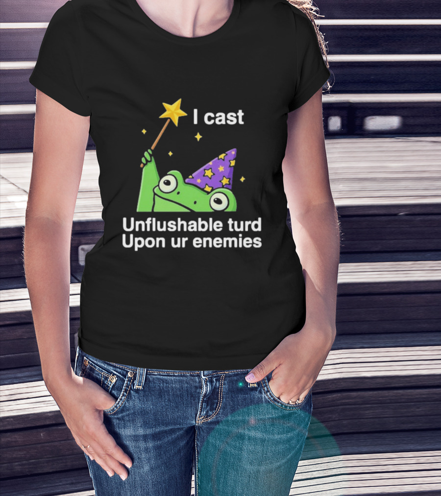 I Cast Unflushable Turd Upon Ur Enemies Frog Wizard Wand Stars Purple Hat T-Shirt