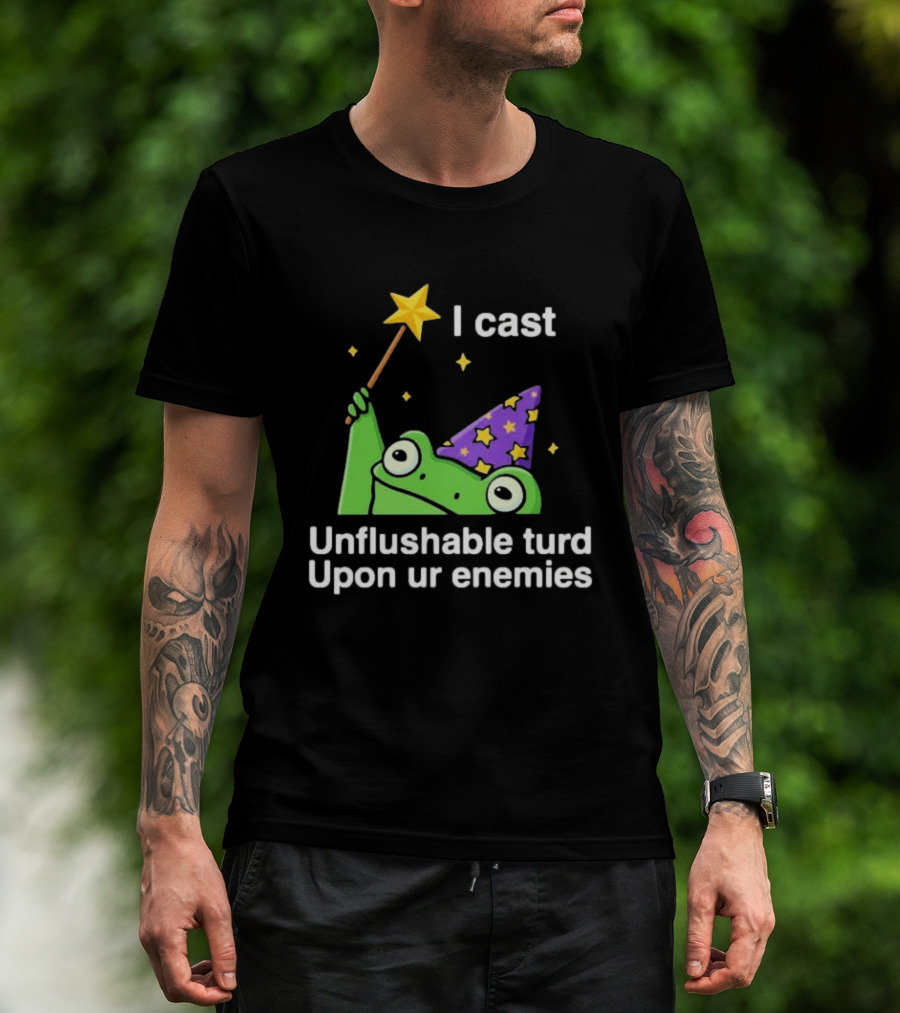 I Cast Unflushable Turd Upon Ur Enemies Frog Wizard Wand Stars Purple Hat T-Shirt
