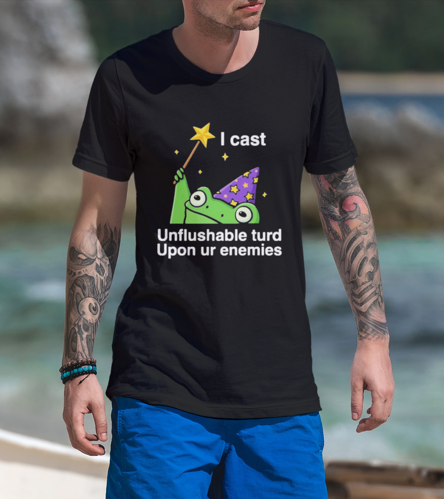 I Cast Unflushable Turd Upon Ur Enemies Frog Wizard Wand Stars Purple Hat T-Shirt