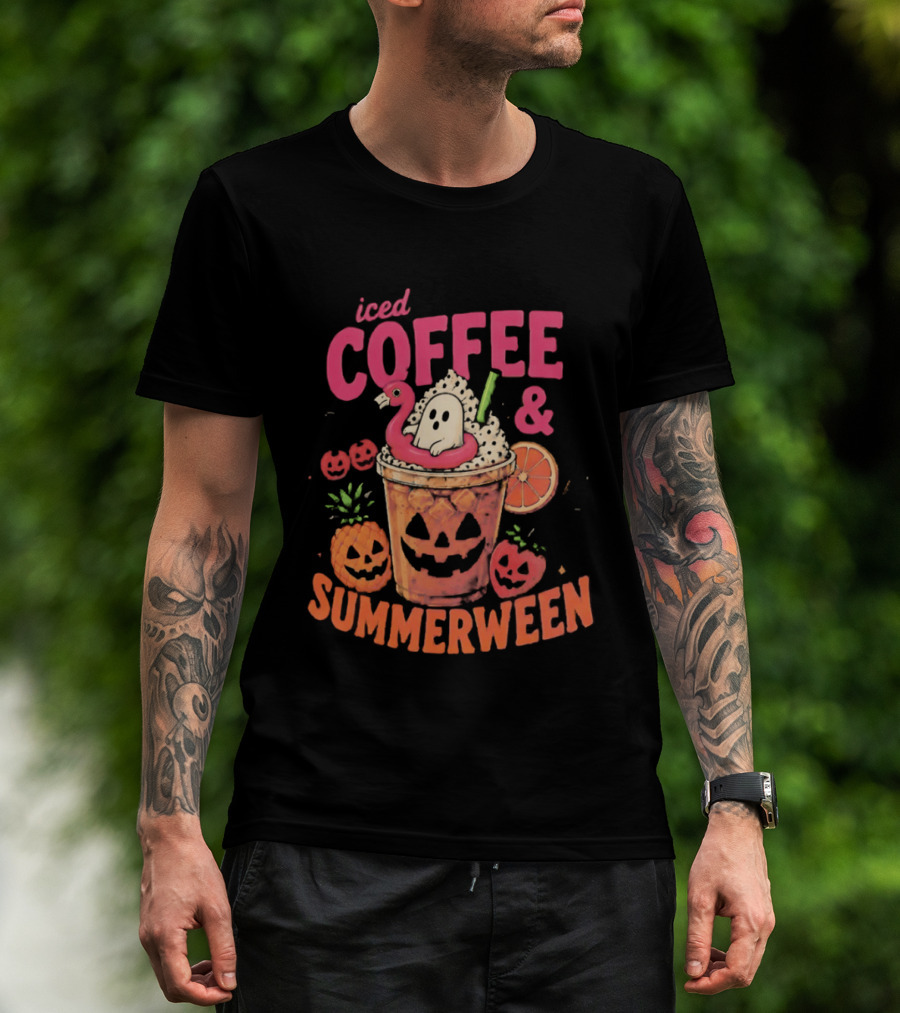 Iced Coffee And Summerween Spooky Tropical Fruit Halloween Jack O' Lantern Drink T-Shirt