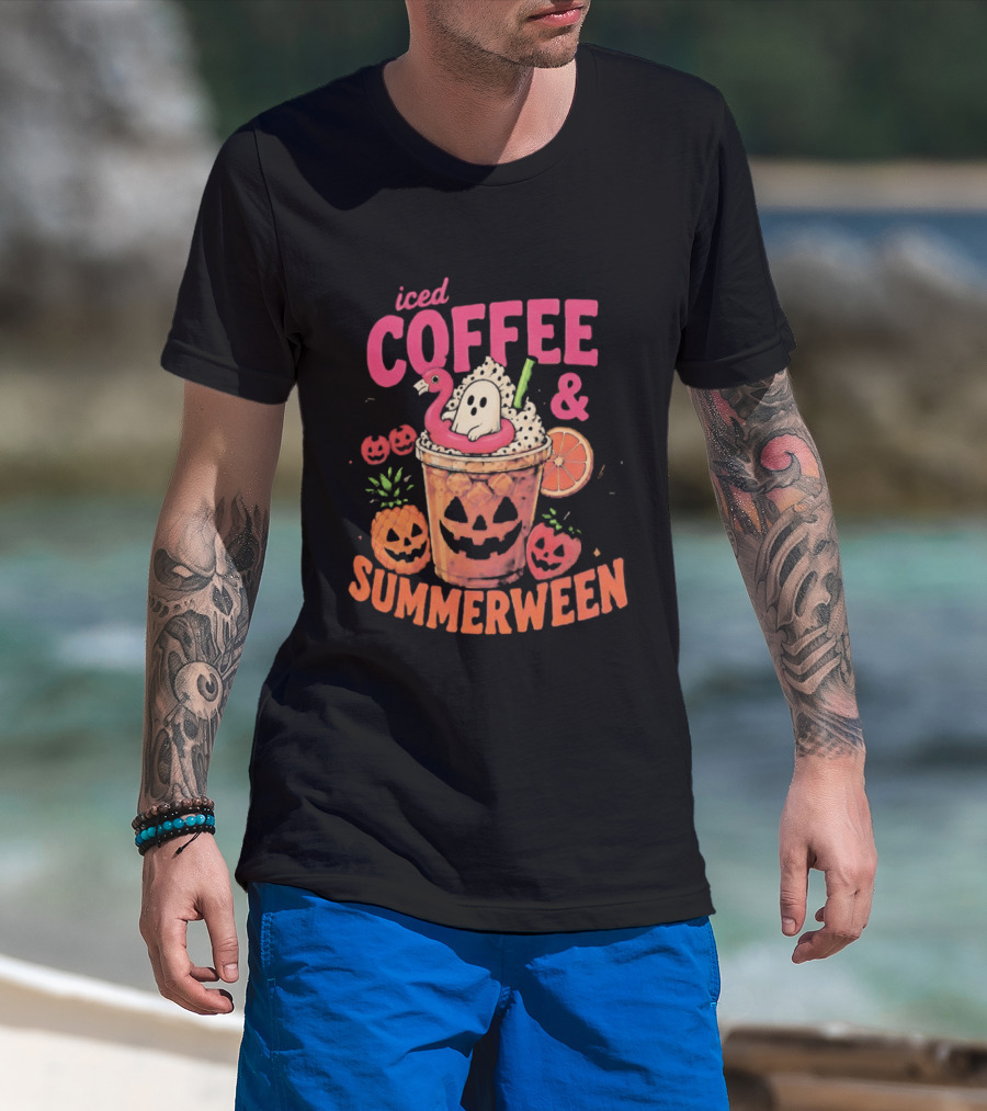 Iced Coffee And Summerween Spooky Tropical Fruit Halloween Jack O' Lantern Drink T-Shirt