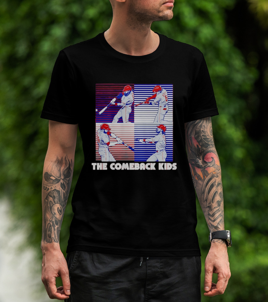 Philadelphia Phillies The Comeback Kids Striped Baseball Swinging Players T-Shirt