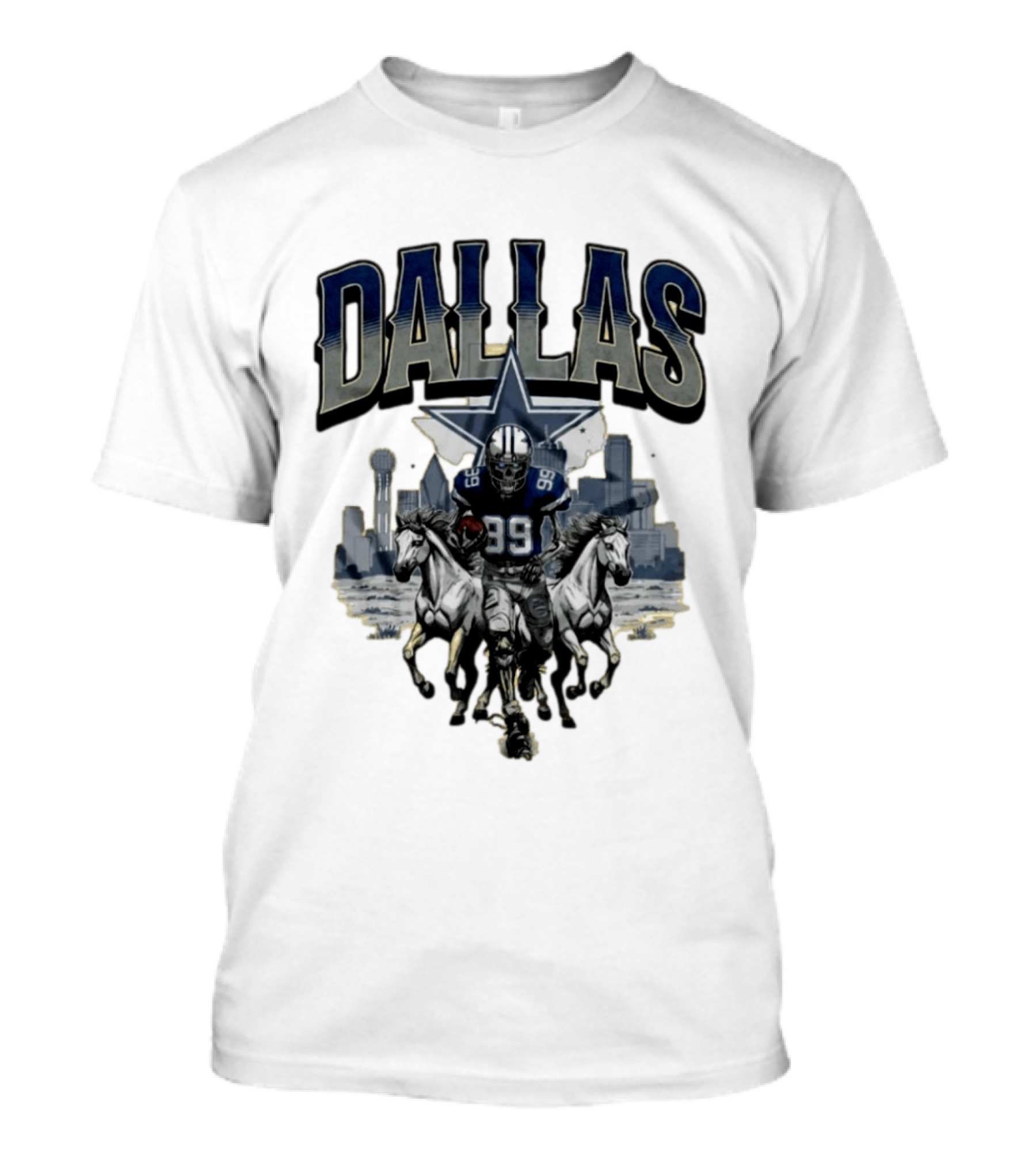 Dallas Cowboys Gameday Skeleton Football Player With Horses And Skyline T-Shirt