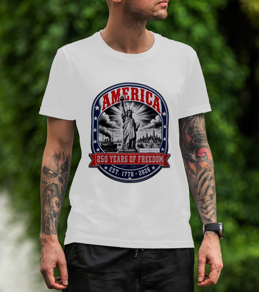America 250 Years Of Freedom Est 1776 2026 Statue Of Liberty Skyline Steamship Stars T-Shirt
