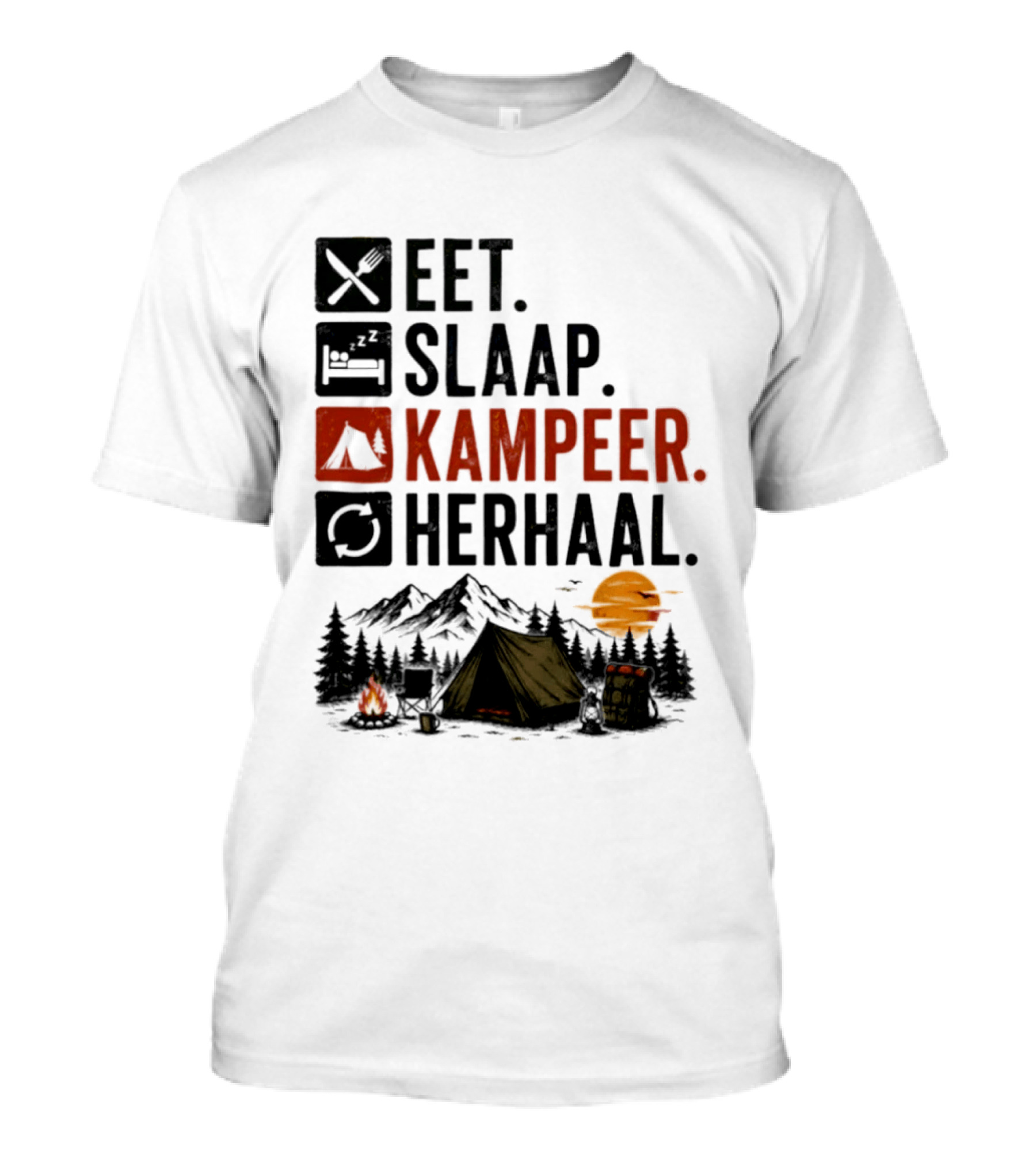 Eet Slaap Kampeer Herhaal Camping Tent Mountains Campfire Sunset T-Shirt