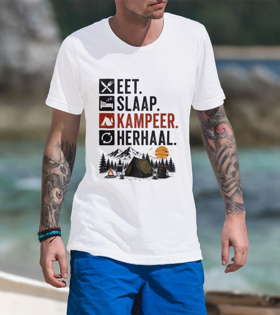 Eet Slaap Kampeer Herhaal Camping Tent Mountains Campfire Sunset T-Shirt