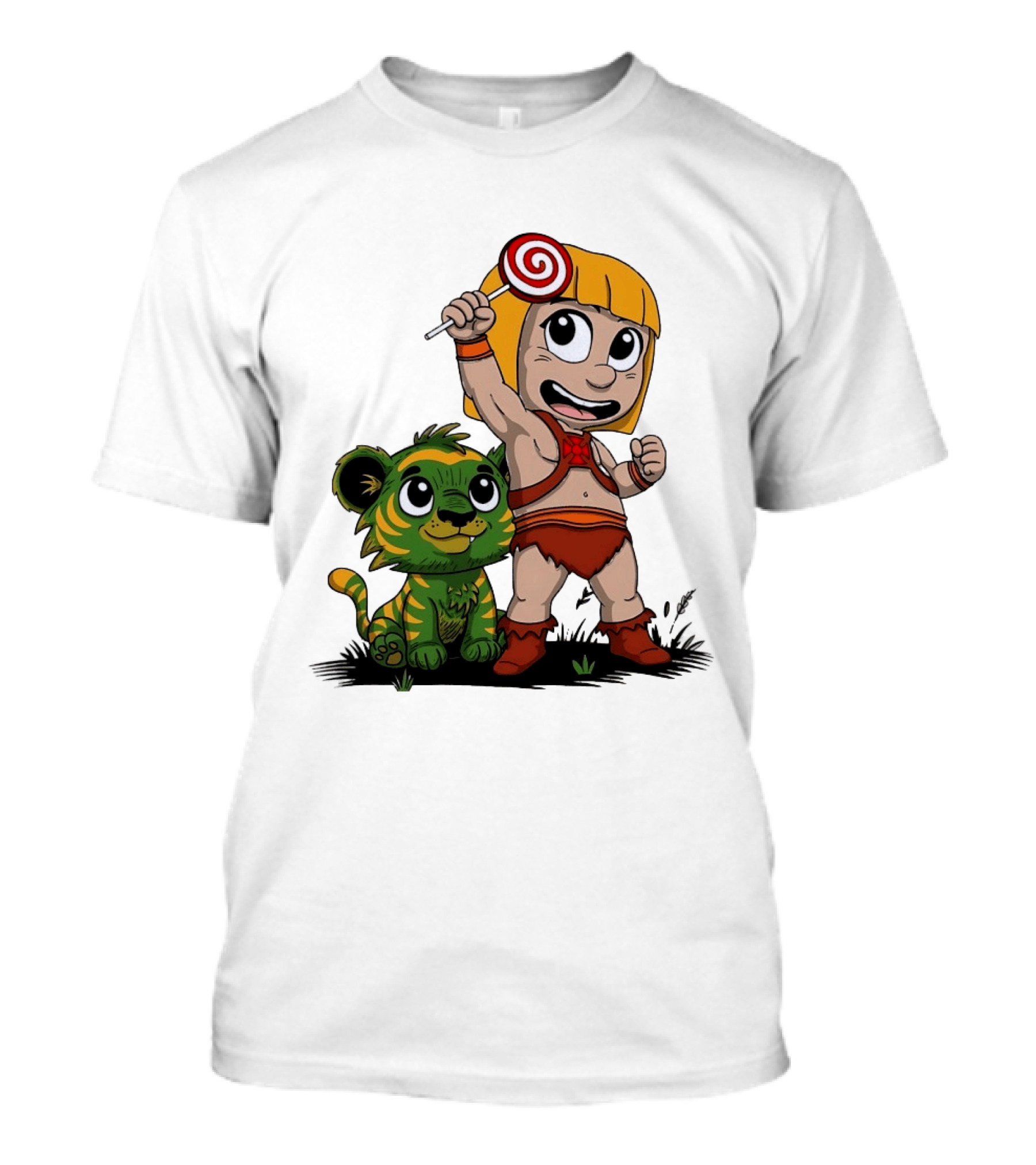 Jungle Kid Holding Lollipop With Playful Tiger Cub T-Shirt
