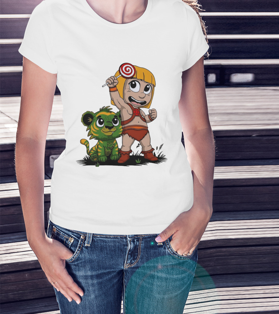 Jungle Kid Holding Lollipop With Playful Tiger Cub T-Shirt