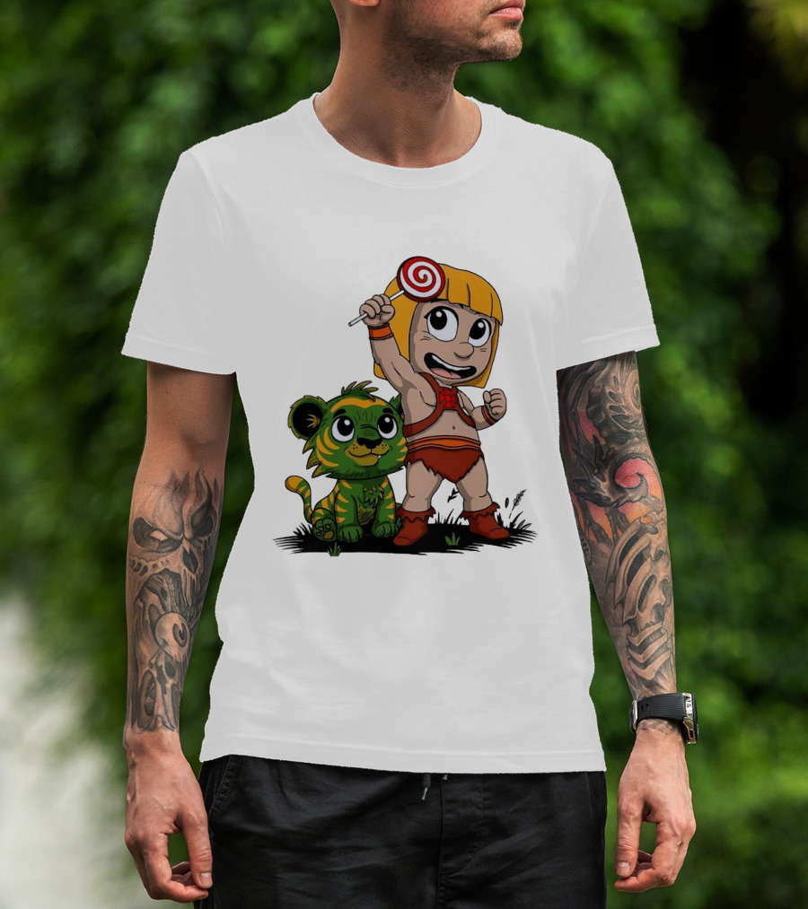 Jungle Kid Holding Lollipop With Playful Tiger Cub T-Shirt