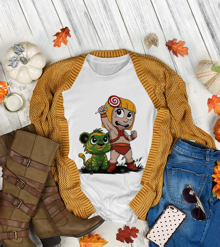 Jungle Kid Holding Lollipop with Playful Tiger Cub T-Shirt