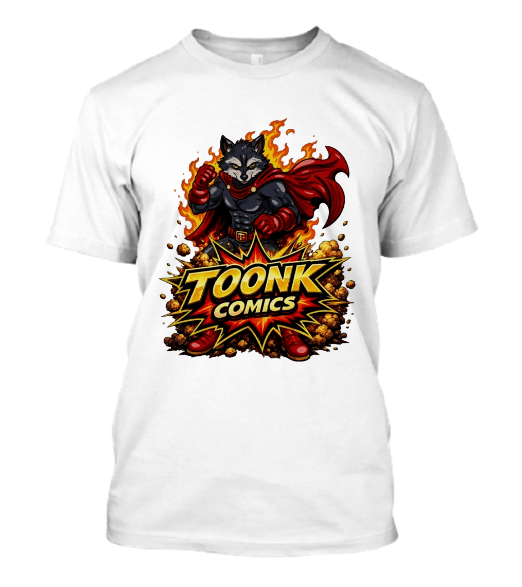 Toonk Comics Superhero Raccoon With Fiery Cape T-Shirt