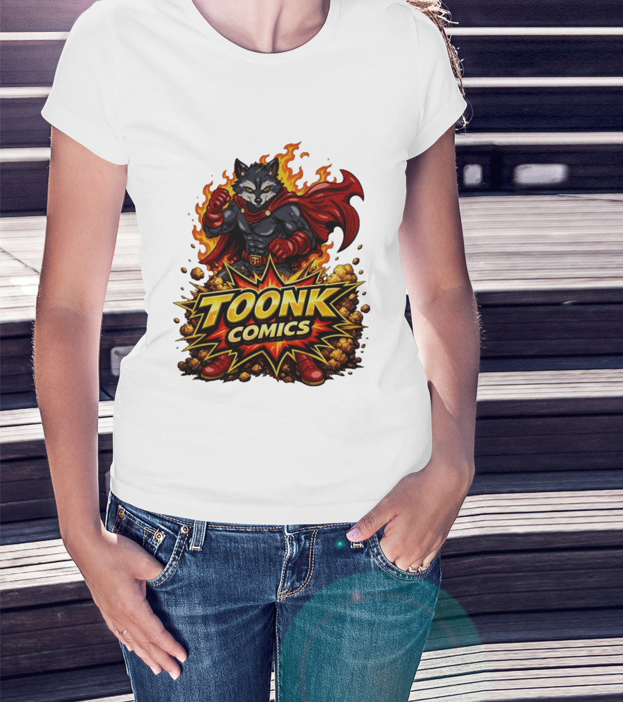 Toonk Comics Superhero Raccoon With Fiery Cape T-Shirt