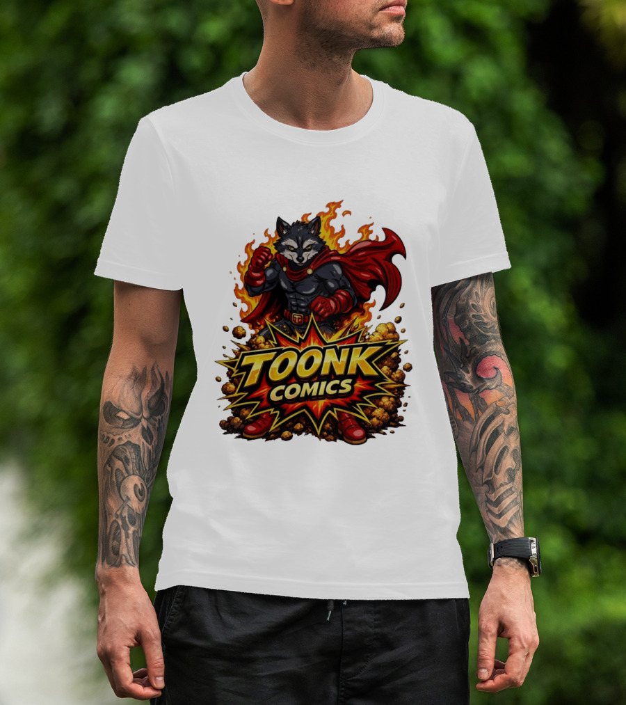 Toonk Comics Superhero Raccoon With Fiery Cape T-Shirt