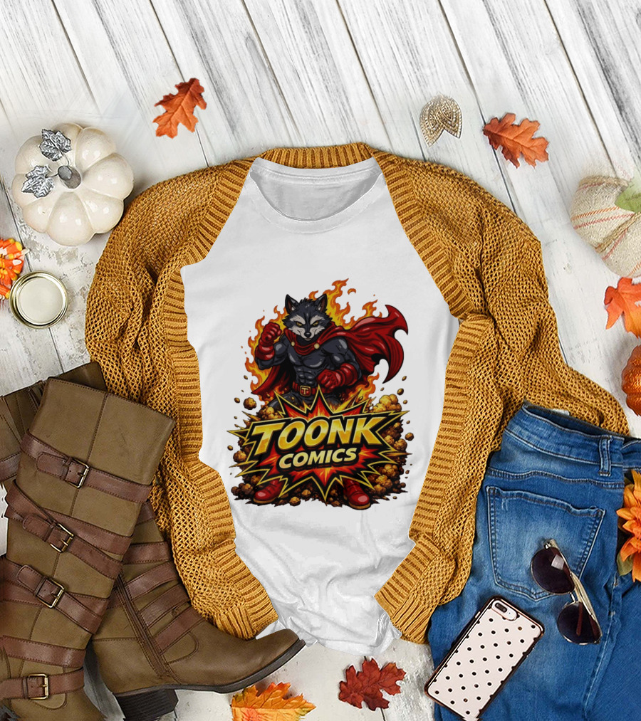 Toonk Comics Superhero Raccoon with Fiery Cape T-Shirt