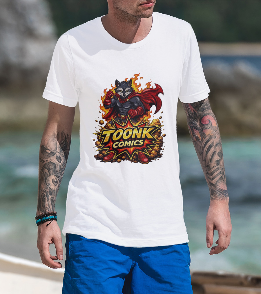 Toonk Comics Superhero Raccoon With Fiery Cape T-Shirt