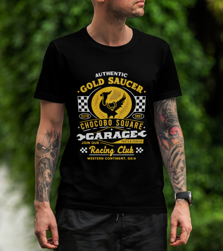 Authentic Gold Saucer Chocobo Square Garage Parts Service Racing Club Western Continent QUA T-Shirt
