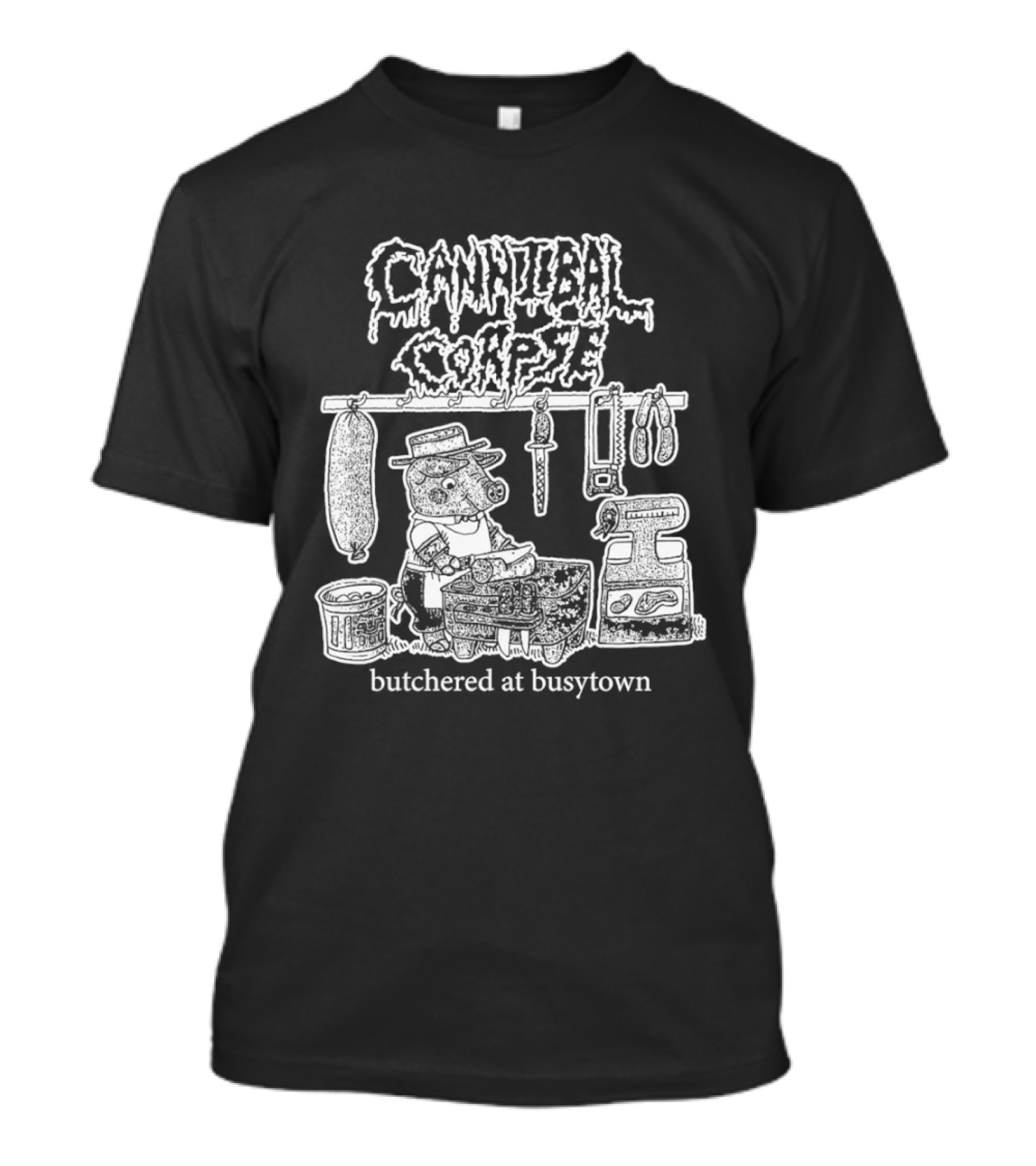 Cannibal Corpse Butchered At Busytown Graphic With Cartoon Butcher Scene T-Shirt