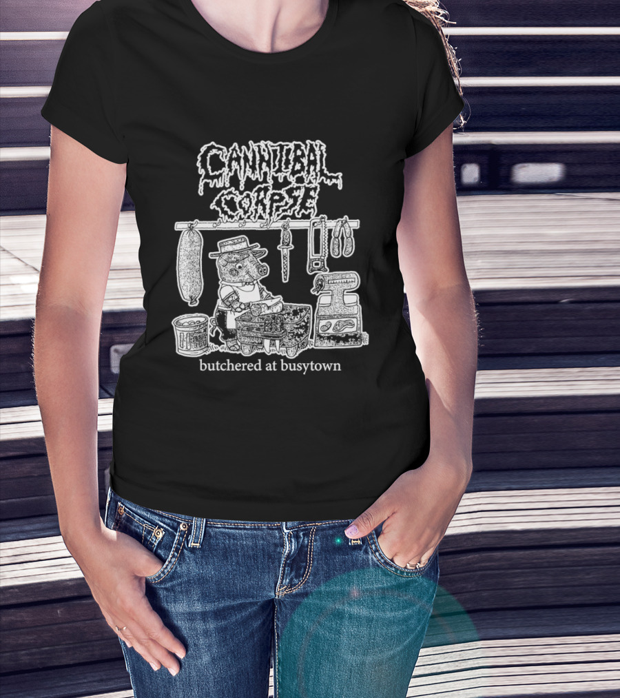 Cannibal Corpse Butchered At Busytown Graphic With Cartoon Butcher Scene T-Shirt
