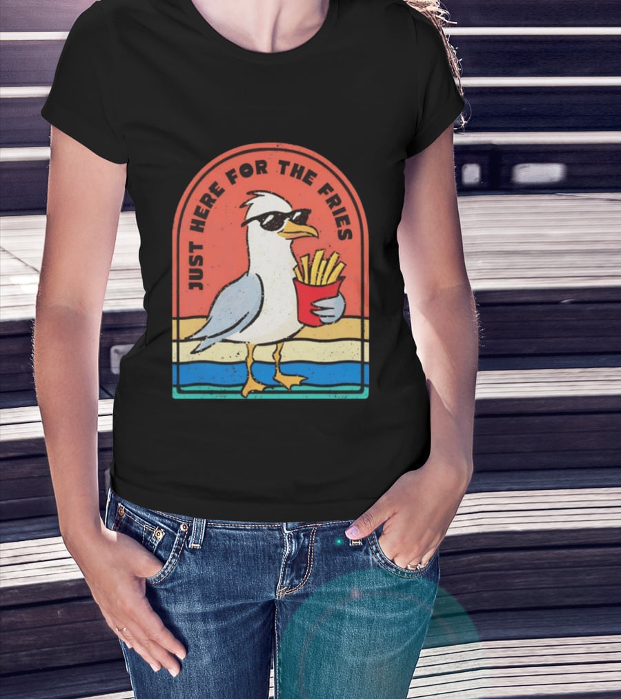 Just Here For The Fries Seagull With Sunglasses And French Fries T-Shirt