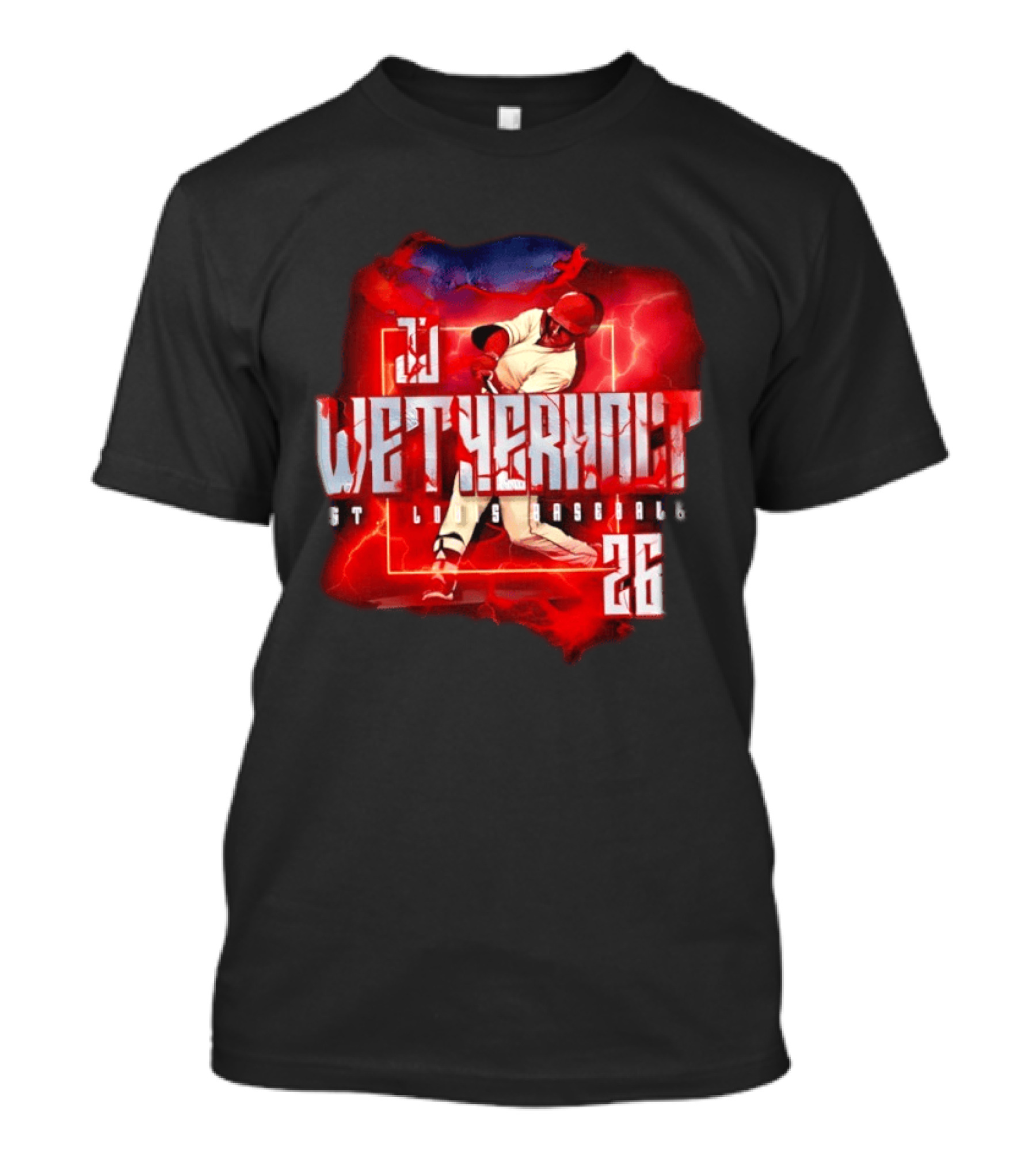 JJ Wetherholt 26 St. Louis Baseball Slugger Swing Lightning T-Shirt