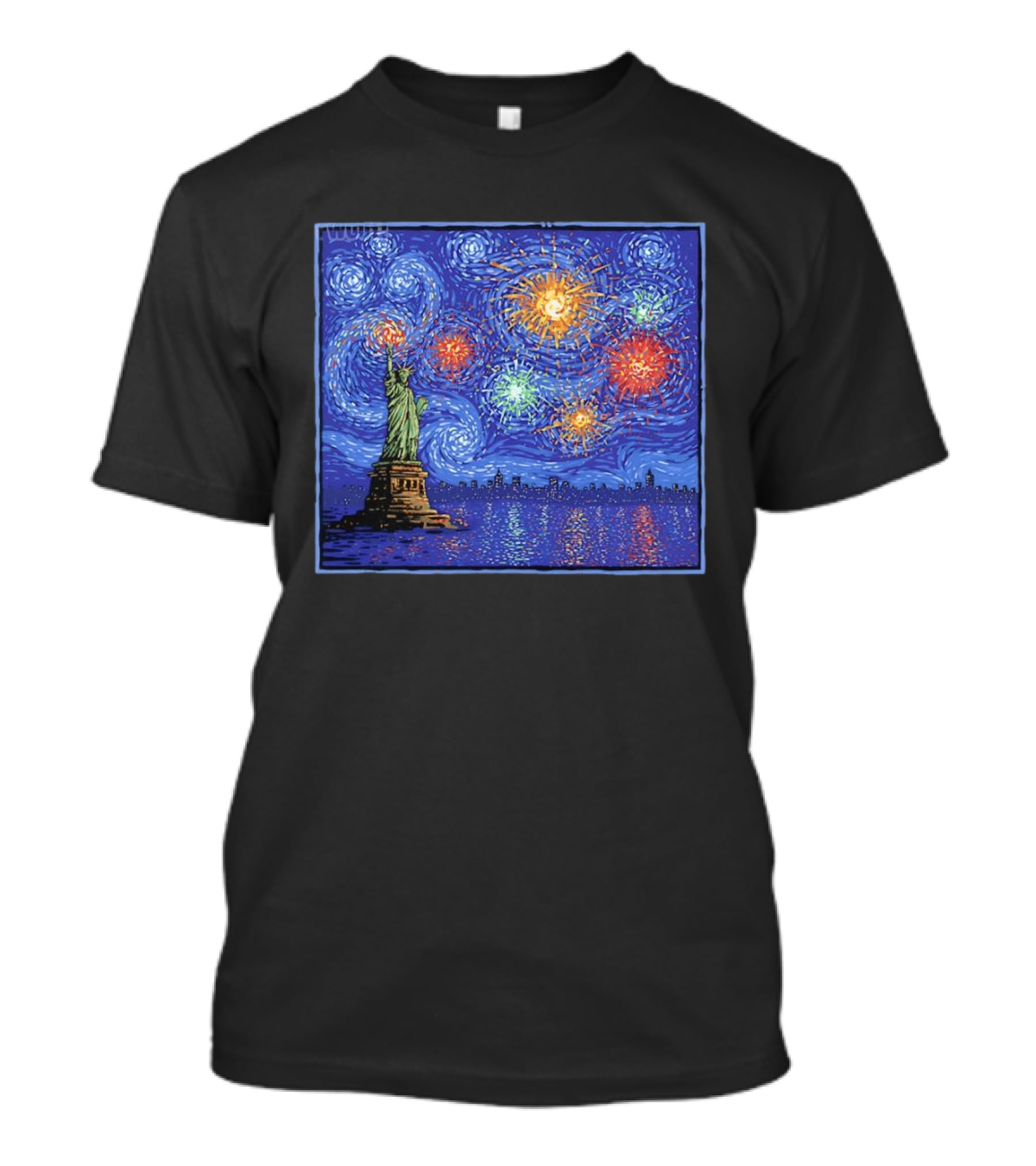 Fireworks Over Statue Of Liberty In Van Gogh Starry Night T-Shirt