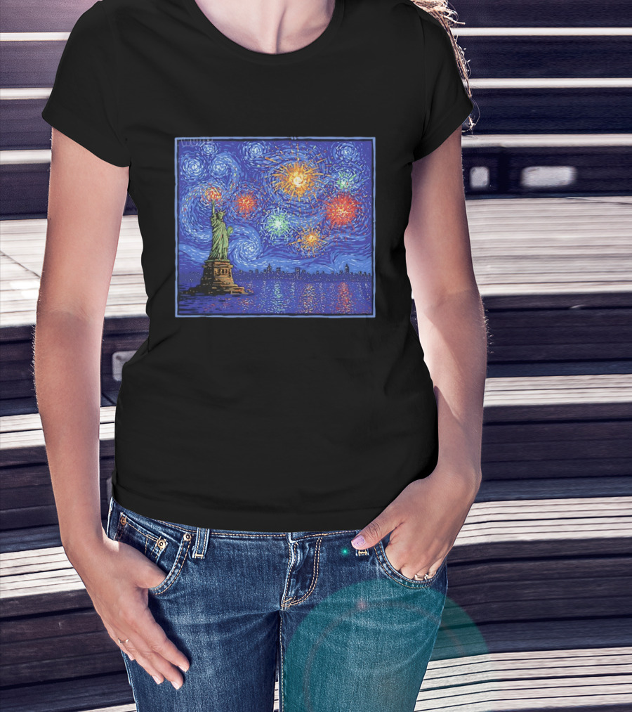 Fireworks Over Statue Of Liberty In Van Gogh Starry Night T-Shirt