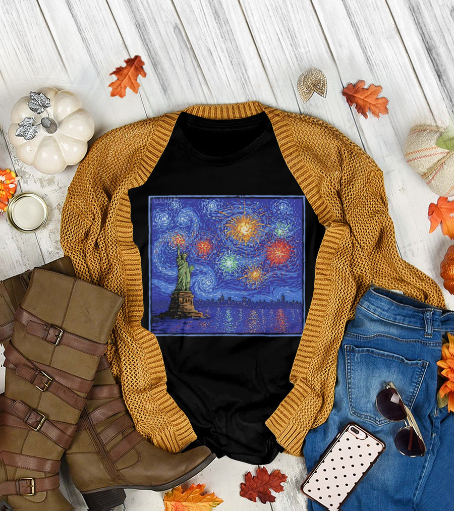 Fireworks Over Statue Of Liberty In Van Gogh Starry Night T-Shirt
