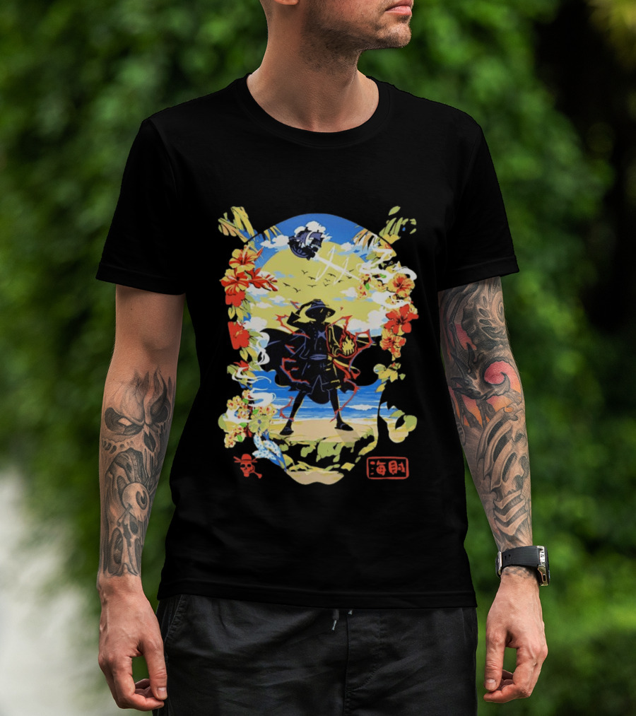 Monkey D Luffy One Piece Hat Pirate Beach Scene Floral Surrounding T-Shirt