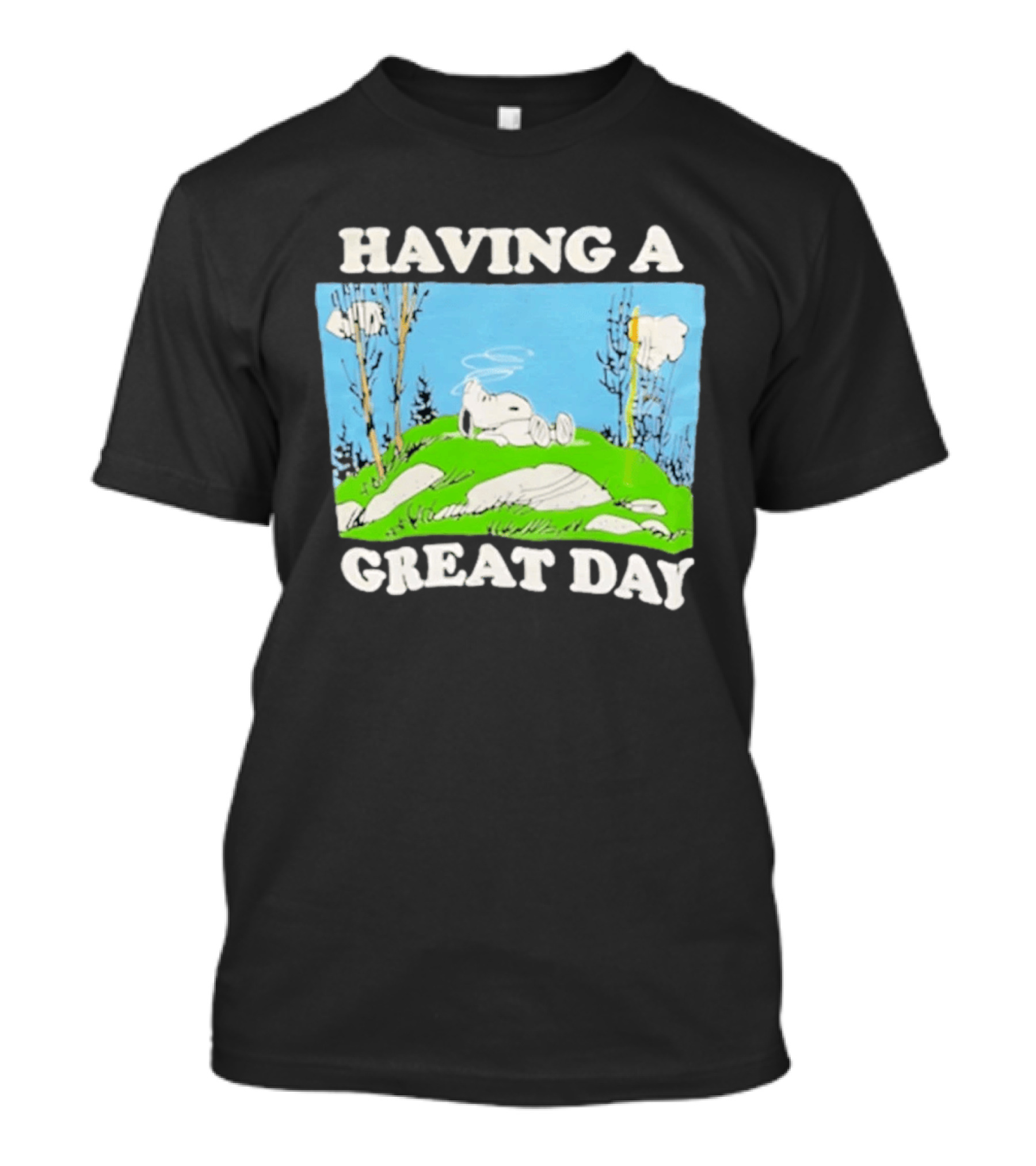 Snoopy Having A Great Day Relaxing On The Green Hill With Blue Sky And Clouds T-Shirt