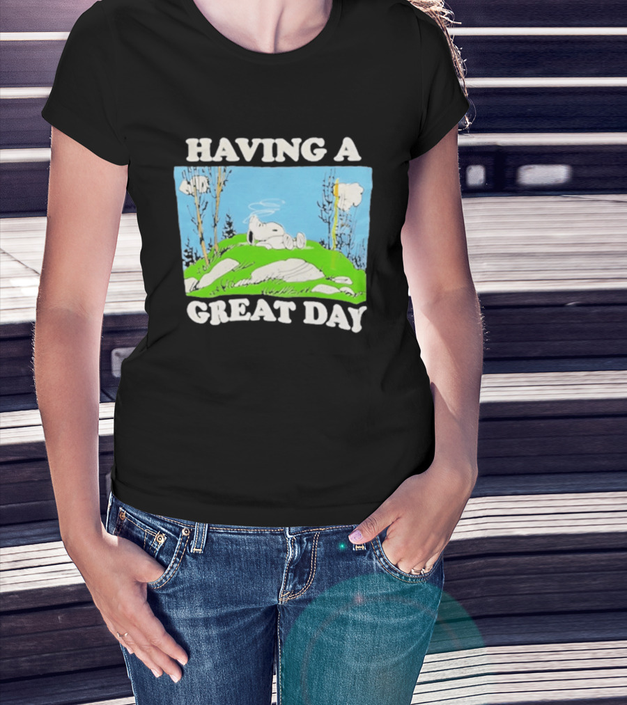 Snoopy Having A Great Day Relaxing On The Green Hill With Blue Sky And Clouds T-Shirt